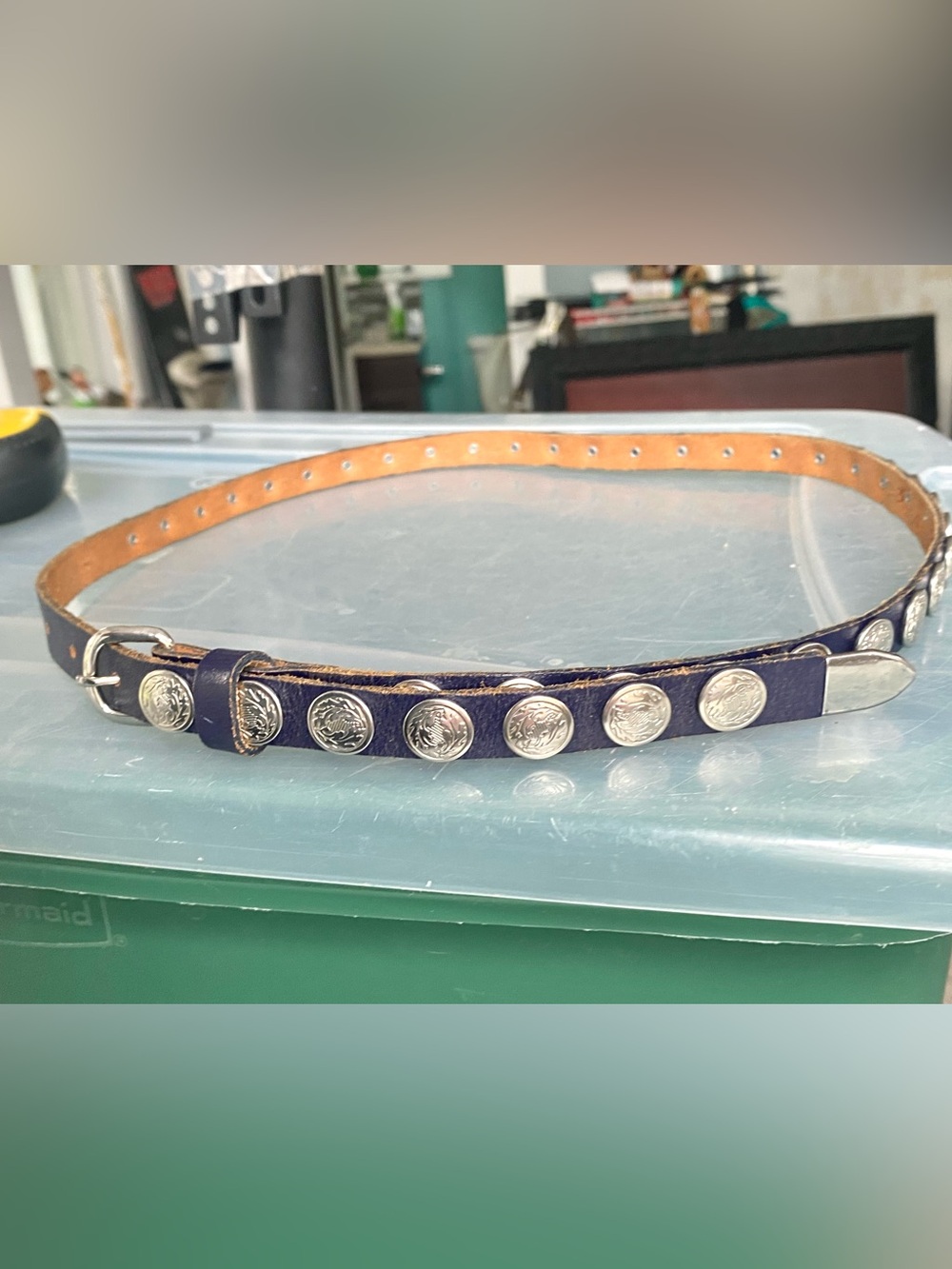 Vtg Forenza Sportswear Concho Belt Silver Blue Skinny 90s Size L 42” Western
